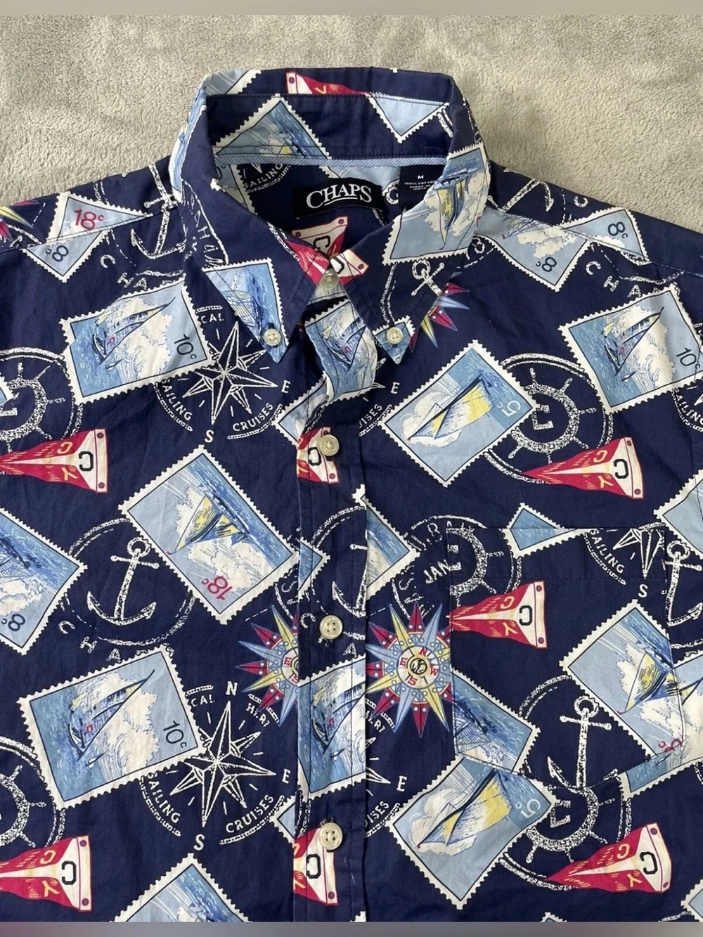 Chaps Nautical Sailing Ocean Hawaiian Button Shirt Mens Medium Short Sleeve Blue